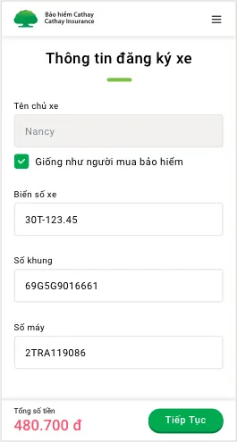 Khách hàng nhập thông tin để đăng ký bảo hiểm trực tuyến.