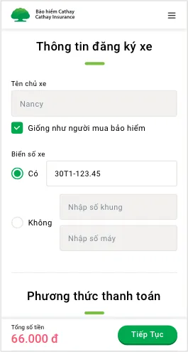 Khách hàng cung cấp thông tin xe để đăng ký bảo hiểm TNDS bắt buộc.